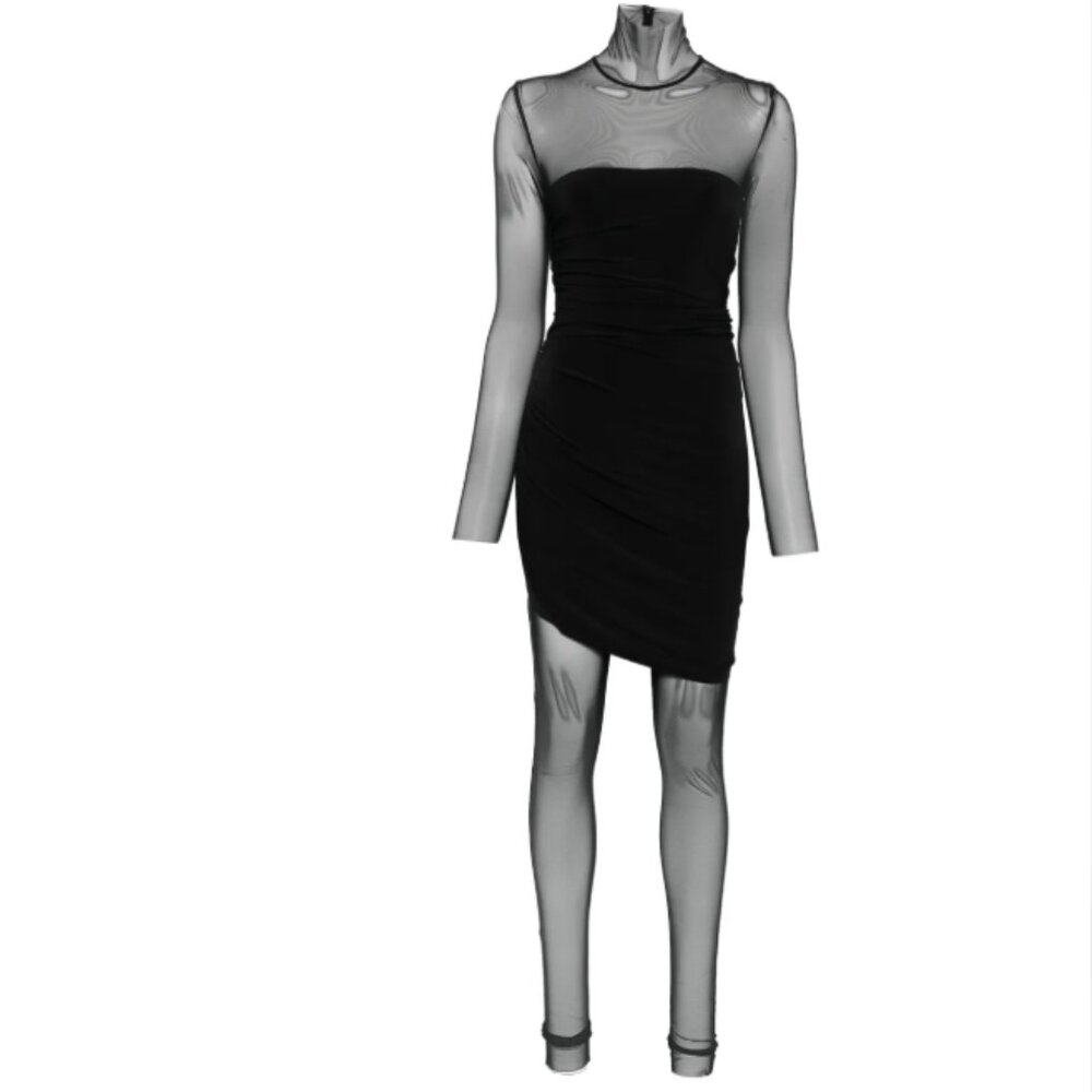 Norma Kamali Long Sleeve Turtleneck Strapless Dress w/ Tulle Jumpsuit
